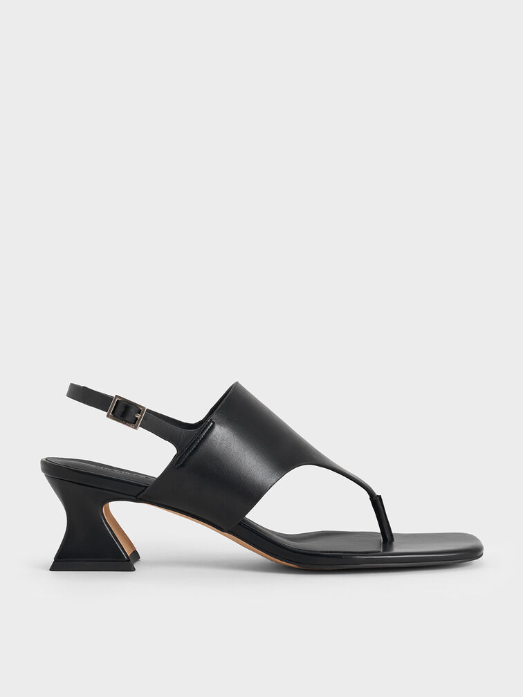 Wide-Strap Heeled Thong Sandals, Black, hi-res