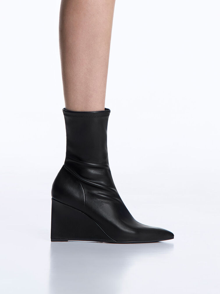 Pointed-Toe Wedge Ankle Boots, Black, hi-res