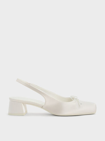 Satin Bow Square-Toe Slingback Pumps, Chalk, hi-res