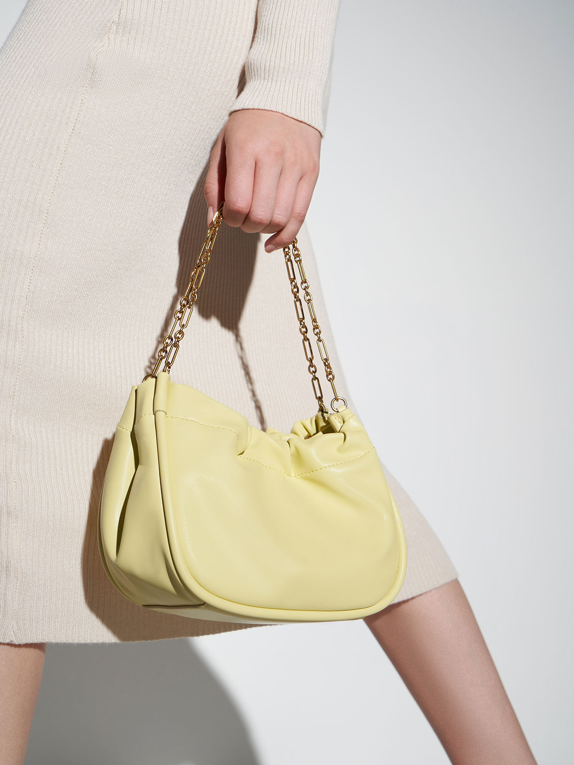 Double Chain Handle Slouchy Bag, Butter, hi-res