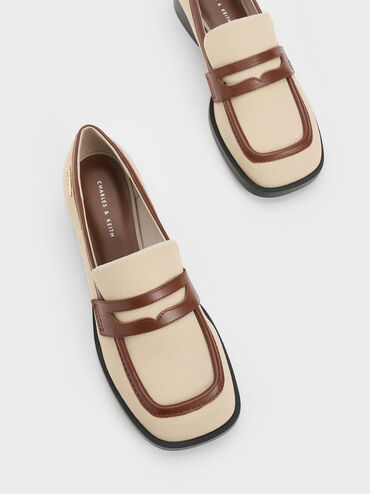 Canvas Cut-Out Penny Loafers, Beige, hi-res