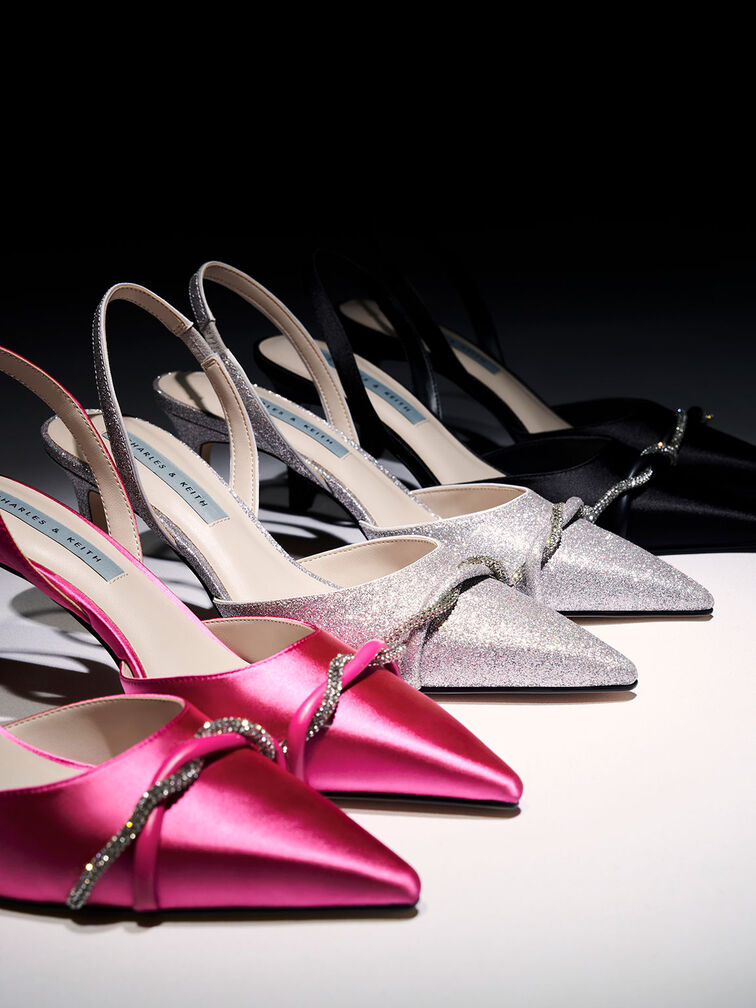 Twist Detail Satin Slingback Pumps, Pink, hi-res