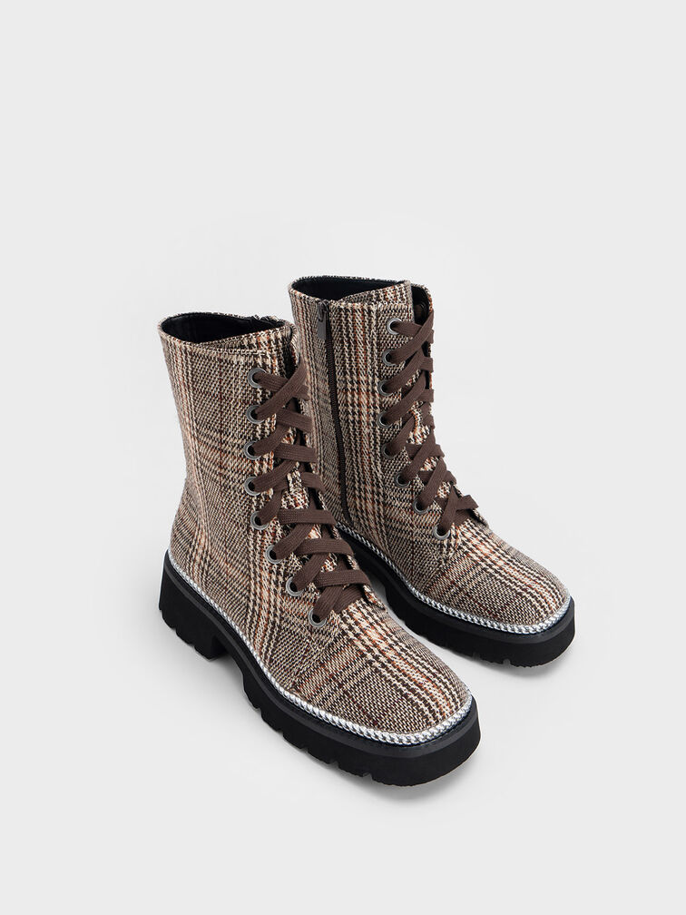 Checkered Chain-Trim Lace-Up Boots, Dark Brown, hi-res