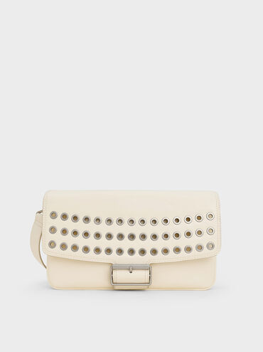 Bolso Liv con asa de cadena y ojales, Crema, hi-res