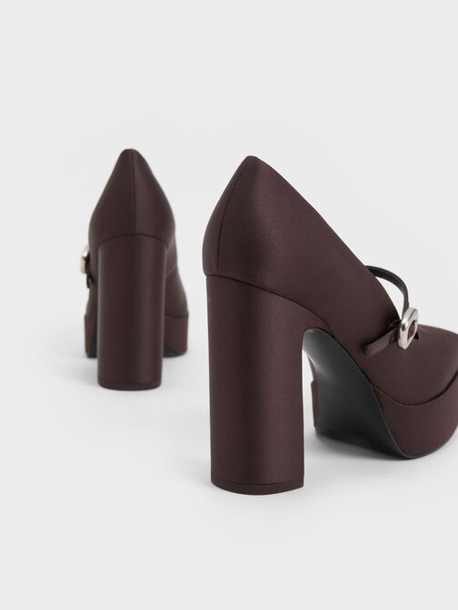 Satin Platform Mary Jane Pumps, Dark Brown, hi-res