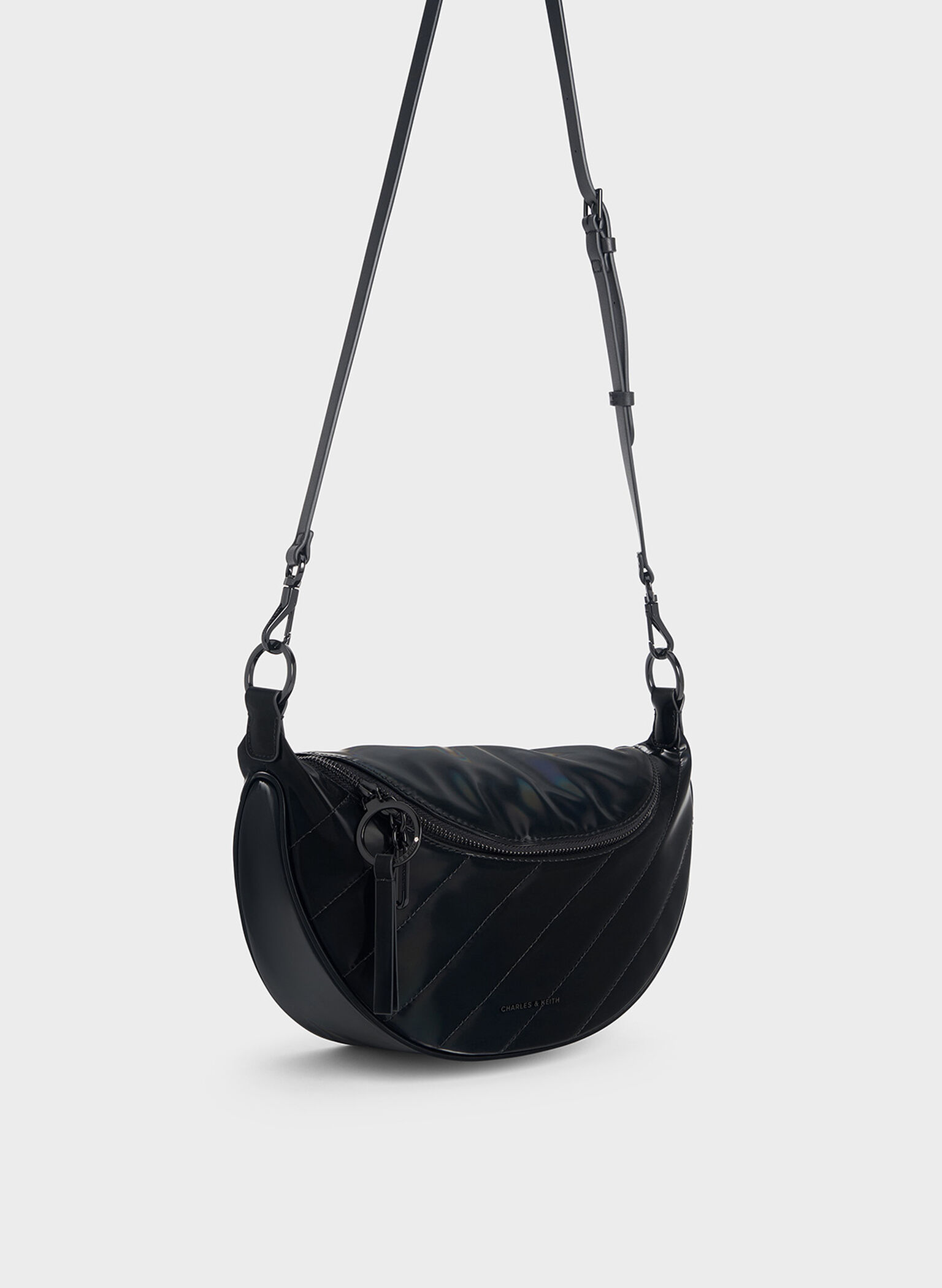 Philomena Shiny Half-Moon Crossbody Bag, Jet Black, hi-res