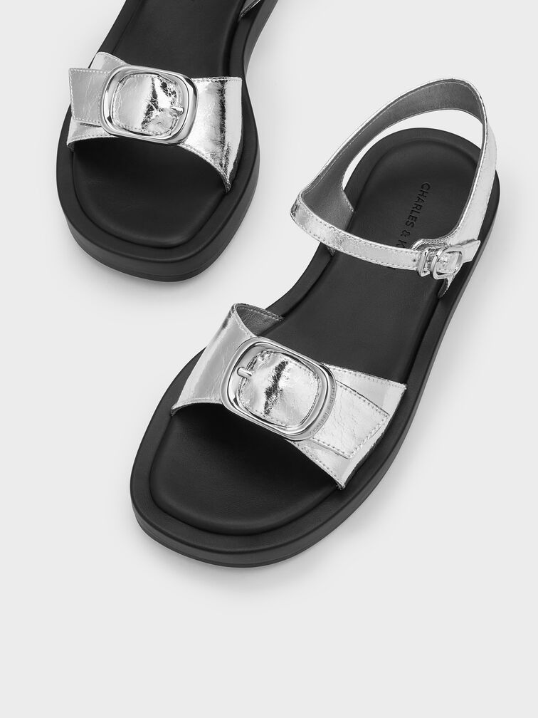 Metallic Buckled Slingback Sandals, Plateado, hi-res