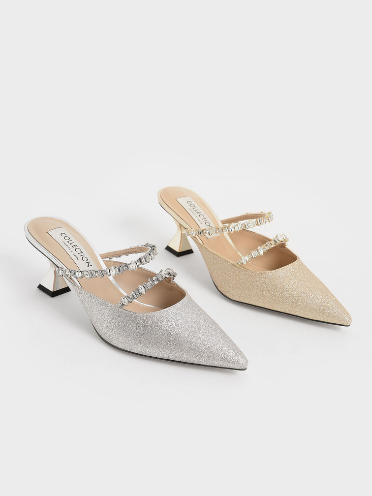 Gem-Encrusted Metallic Glittered Mules, Silver, hi-res