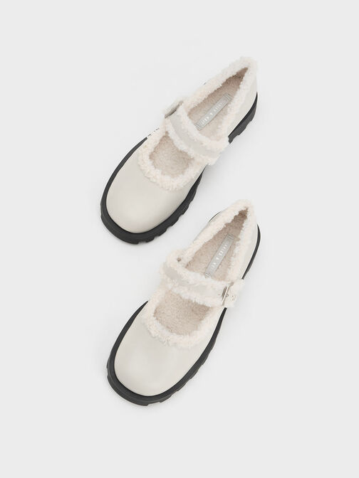 Fur-Trim Buckled Mary Janes, Chalk, hi-res