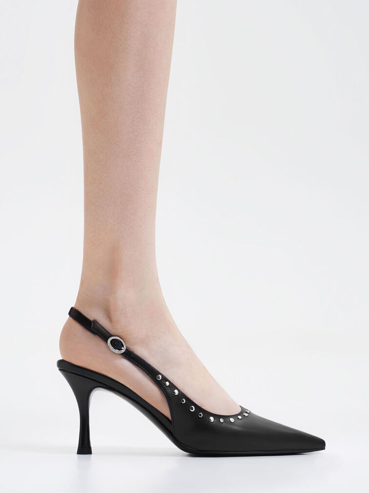 Studded Pointed-Toe Slingback Pumps, Black, hi-res