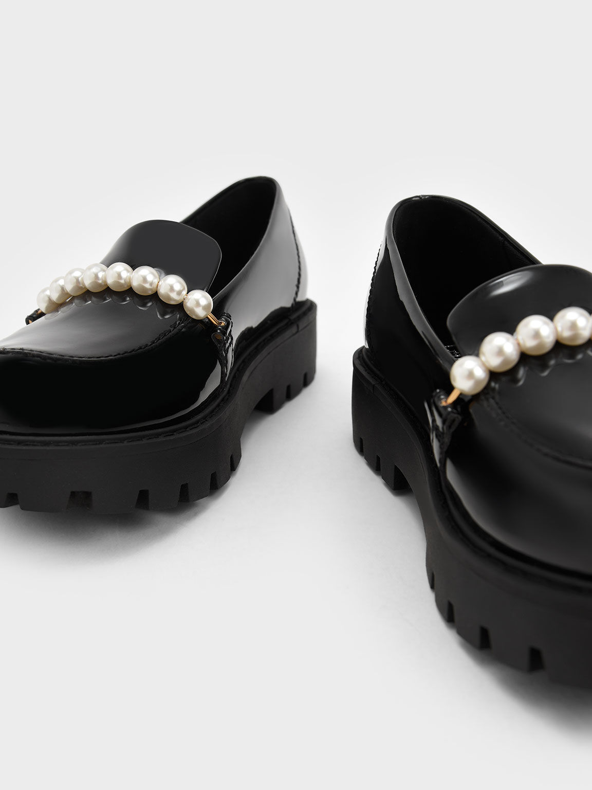 Girls' Patent Pearl-Embellished Loafers, Black, hi-res