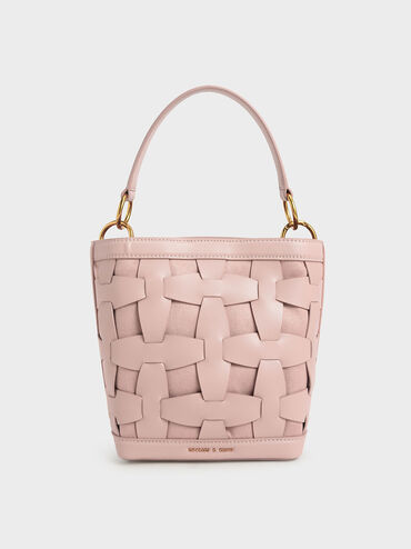 Weave Detail Bucket Bag, Pink, hi-res