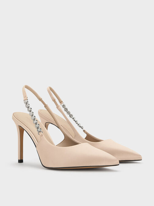 Recycled Polyester Gem-Strap Slingback Pumps, Beige, hi-res