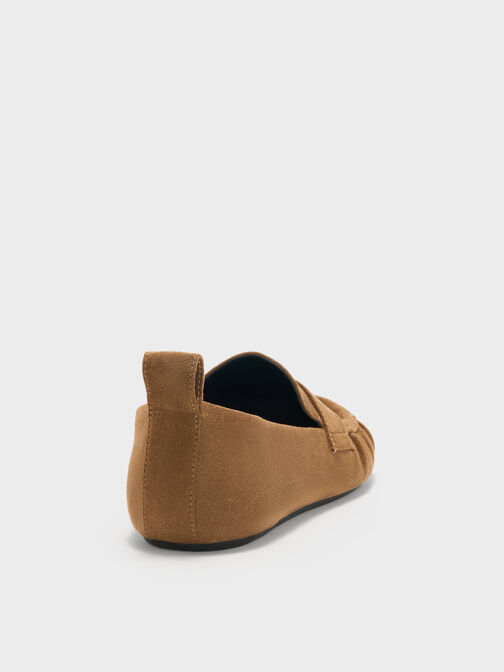 Faux Suede Ruched Penny Loafers, Cognac, hi-res