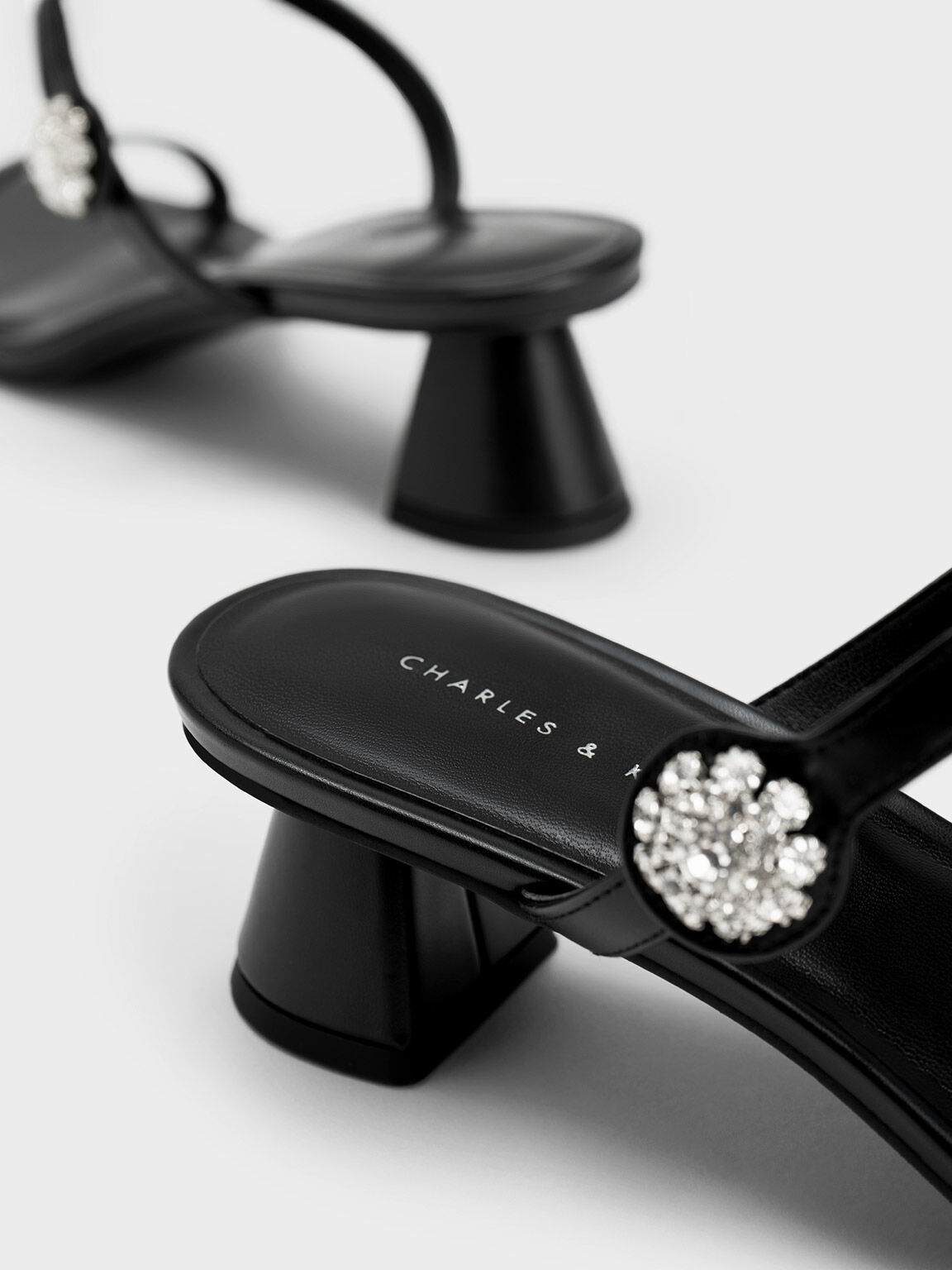 Gem Embellished Trapeze Heel Mules, Black, hi-res