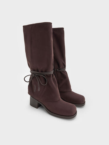 Faux Suede Tie-Around Knee-High Boots, Dark Brown Textured, hi-res