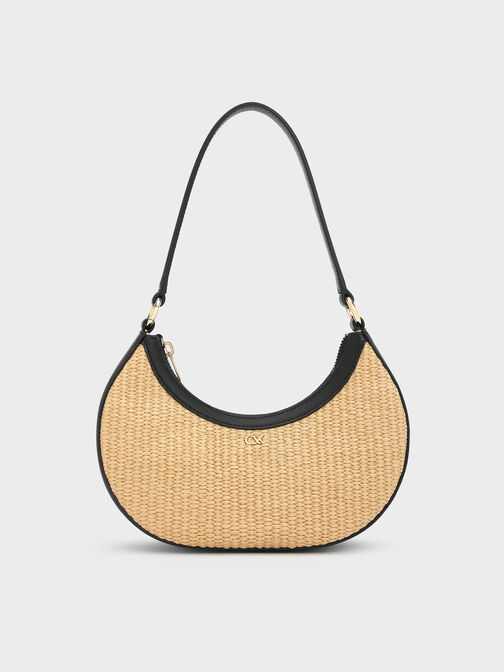 Leather & Raffia Crescent Hobo Bag, Neutral Raffia, hi-res