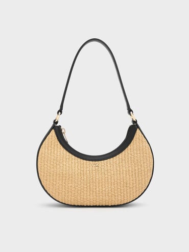 Bolso hobo de cuero y rafia en forma de media luna, Rafia neutral, hi-res