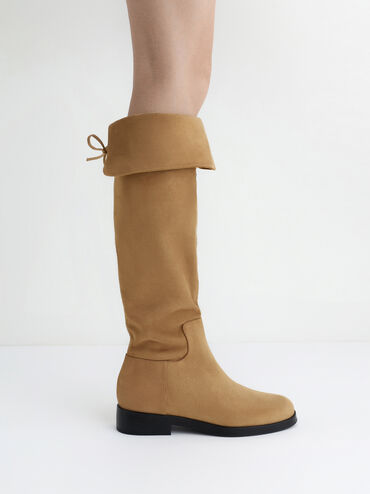 Faux Suede Fold-Over Back-Tie Thigh-High Boots, Camel, hi-res