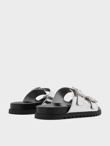 Metallic Gem-Buckle Double-Strap Sandals, Silver, hi-res