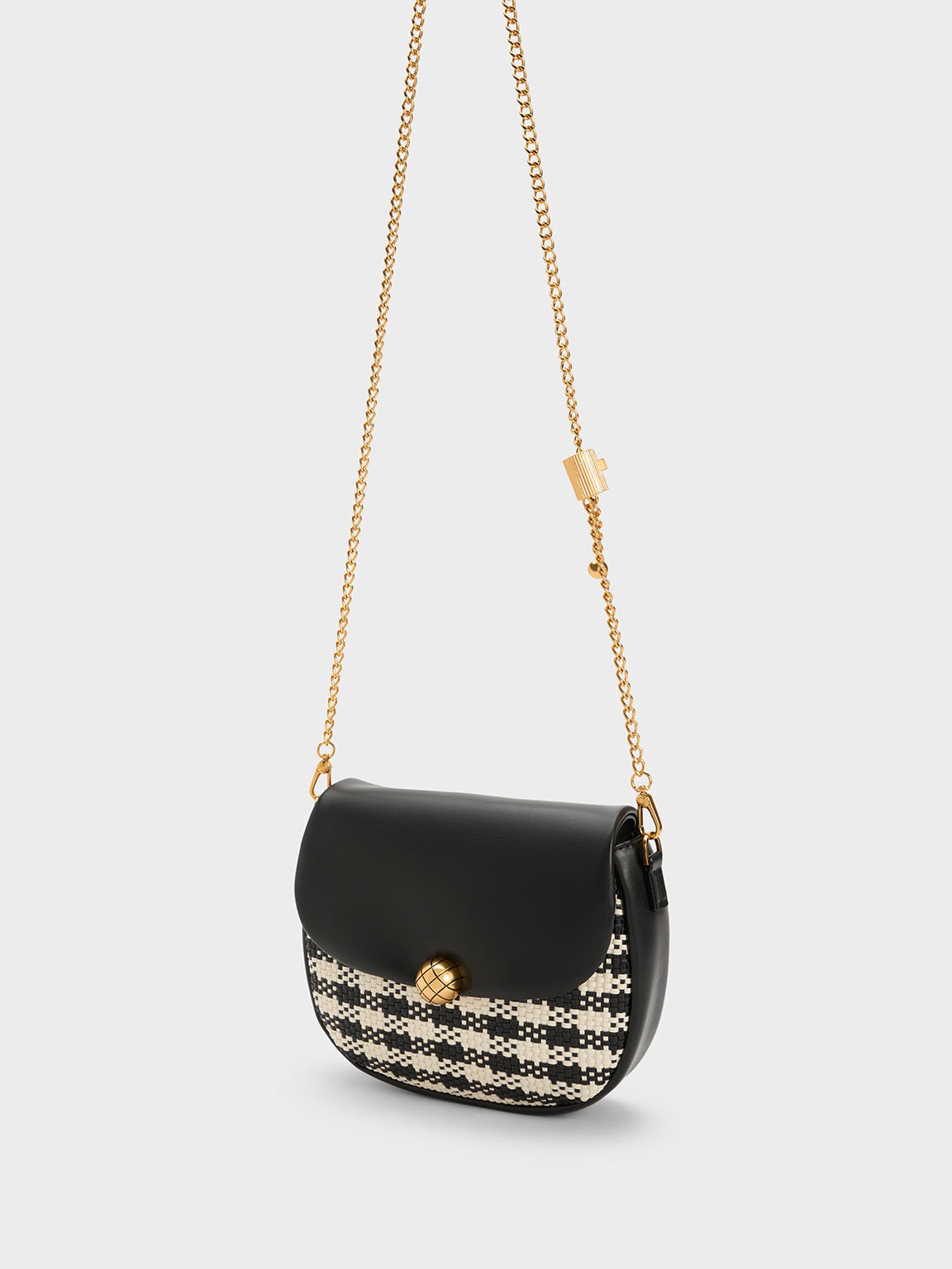 Quilted Ball Curved Crossbody Bag, Black, hi-res