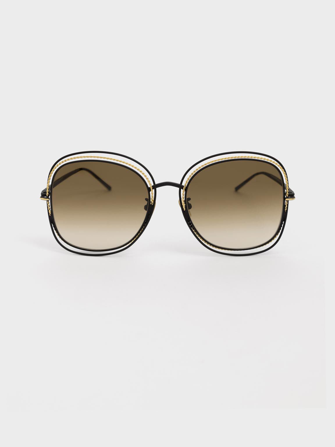 Cut-Out Frame Metallic-Rimmed Butterfly Sunglasses, Black, hi-res