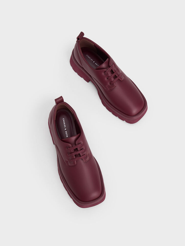 Ridged Sole Lace-Up Oxfords, Maroon, hi-res