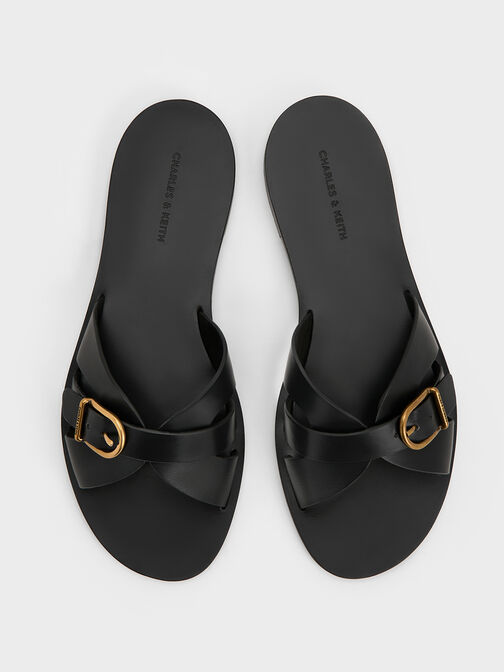 Belted Slide Sandals, Black, hi-res