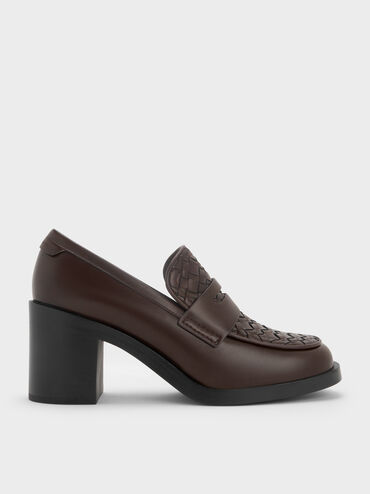 Woven-Detail Penny Loafer Block-Heel Pumps, Dark Brown, hi-res