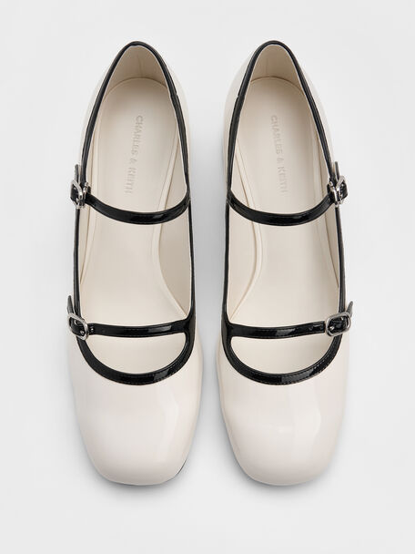 Patent Contrast-Trim Double-Strap Mary Jane Pumps, White, hi-res