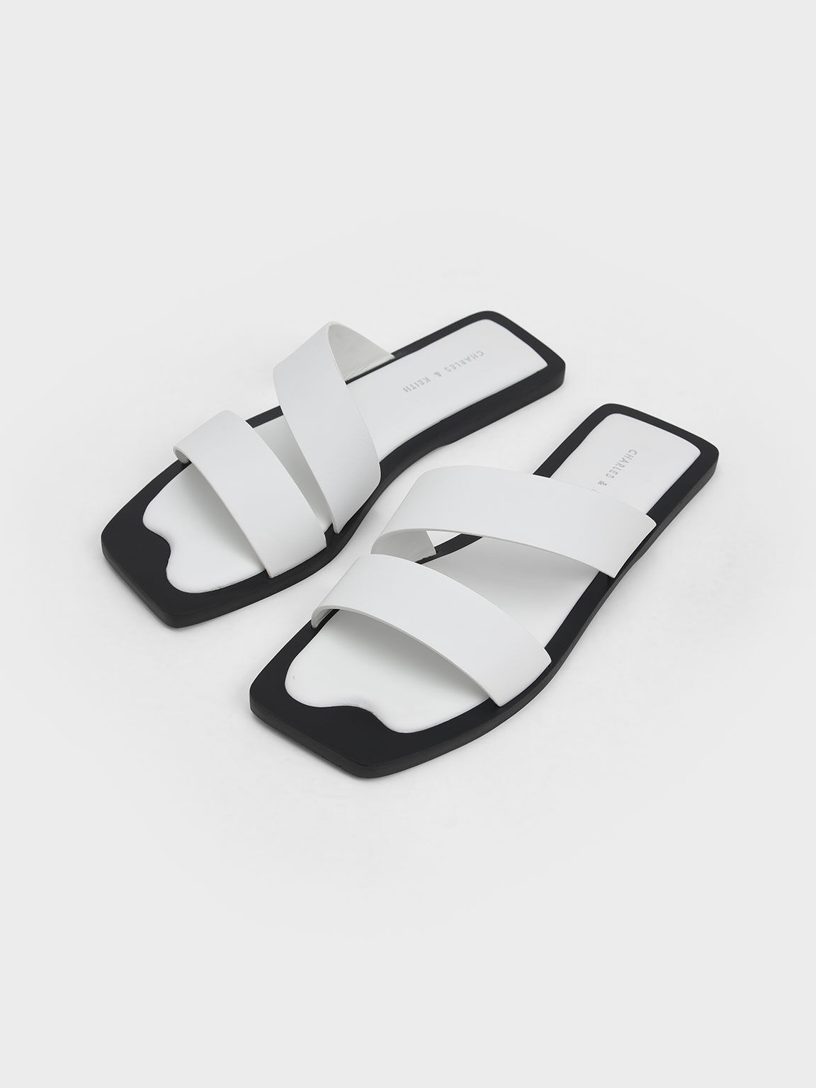 Asymmetric Strappy Slide Sandals, White, hi-res