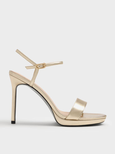 Metallic Ankle-Strap Stiletto Sandals, Gold, hi-res