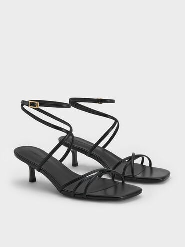 Strappy Ankle-Strap Kitten-Heel Sandals, Black, hi-res