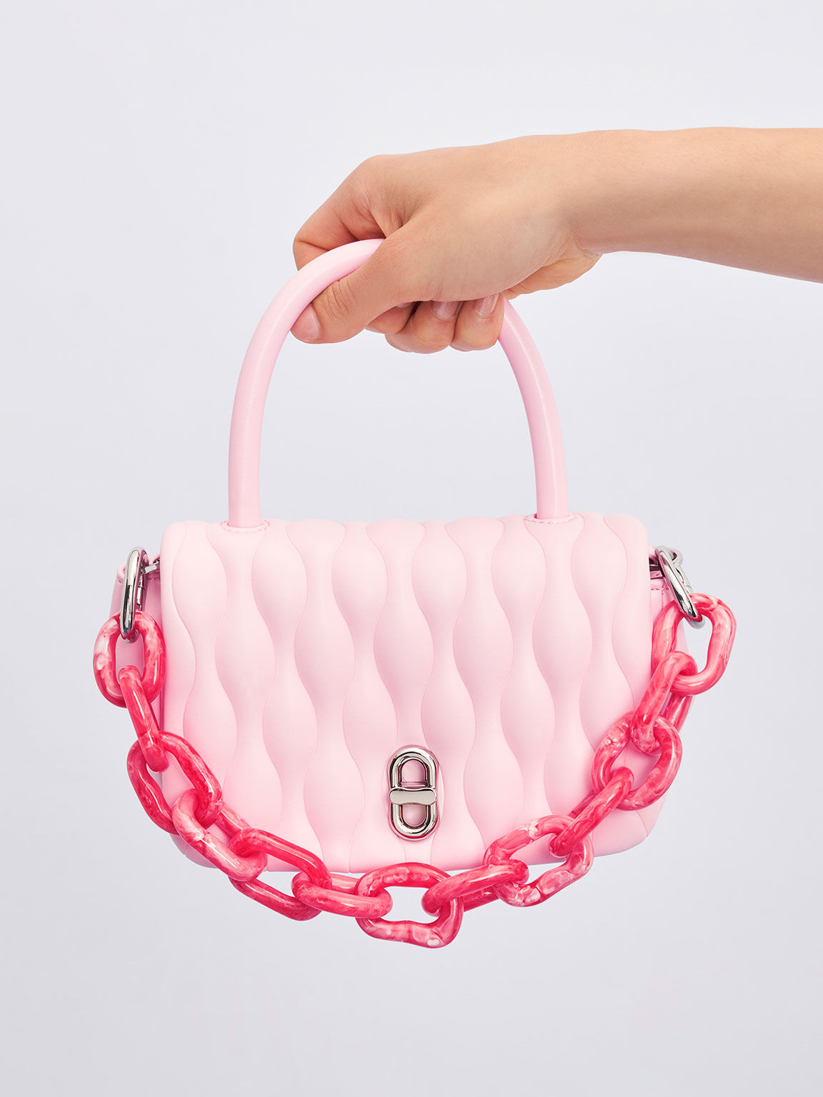 Iva 波浪絎縫手提包, 粉紅色, hi-res