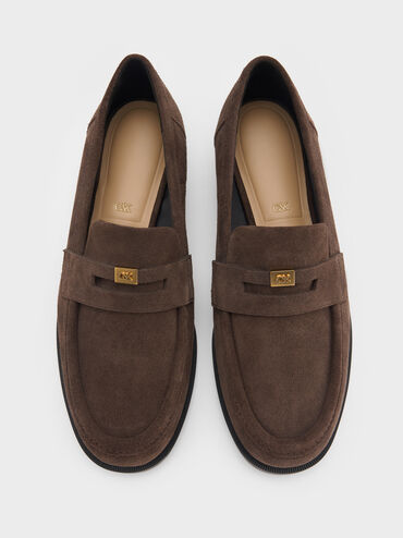Georgina Suede Metallic-Accent Penny Loafers, Dark Brown Textured, hi-res