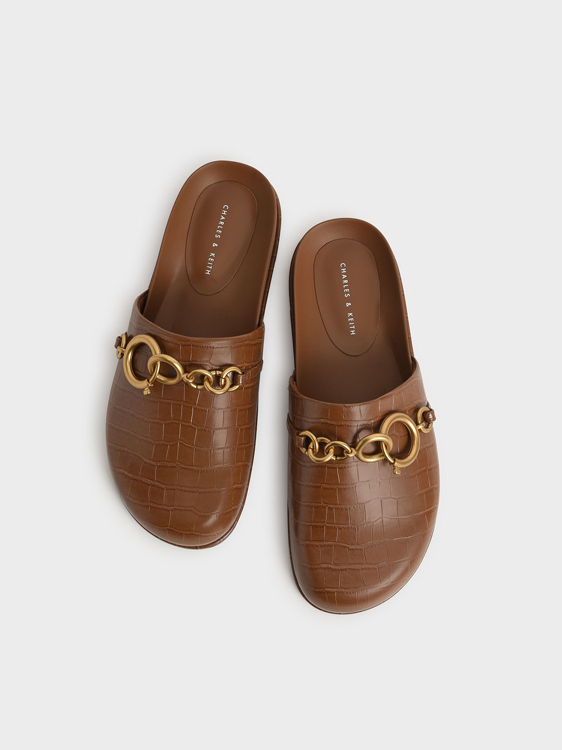 Croc-Effect Chain Link Flat Mules, Animal Print Brown, hi-res