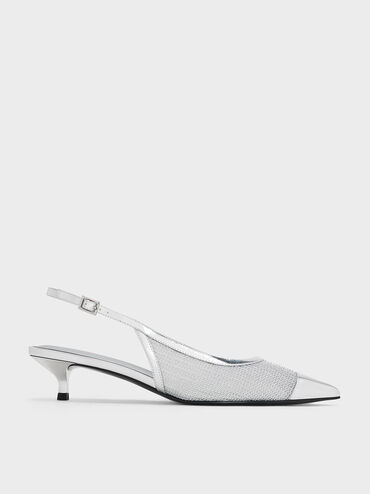 Tacones bajos metálicos de malla con punta abierta, Plateado, hi-res