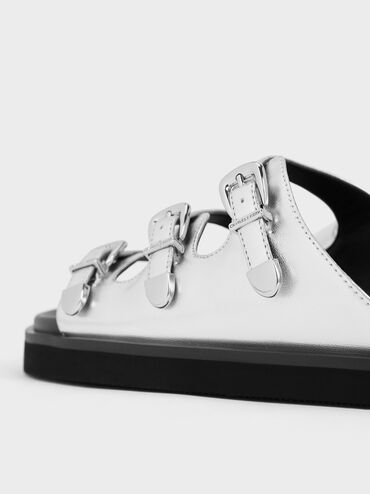 Samala Metallic Buckled Triple-Strap Sandals, Silver, hi-res