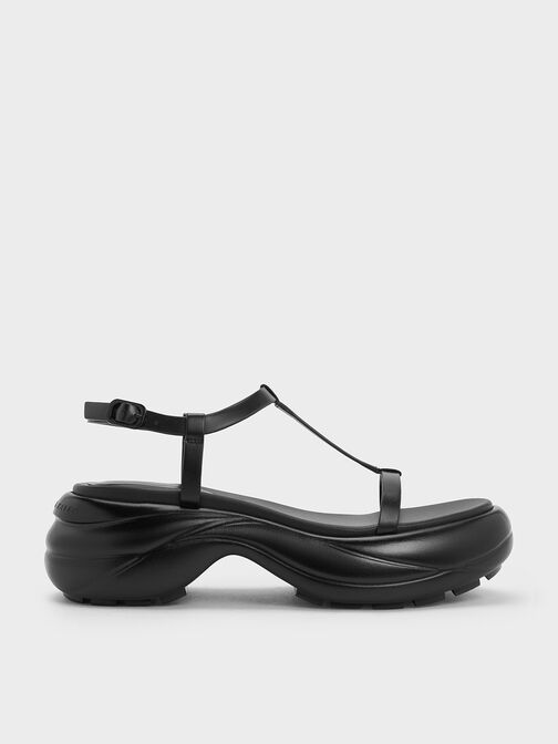 T-Bar Curved Platform Sports Sandals, Black, hi-res