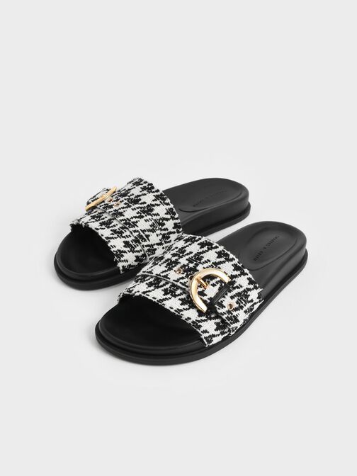 Houndstooth Studded Buckle Slide Sandals, Multi, hi-res