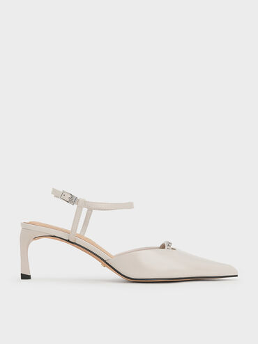 Leather Kitten-Heel Ankle-Strap Pointed-Toe Pumps, Light Grey, hi-res