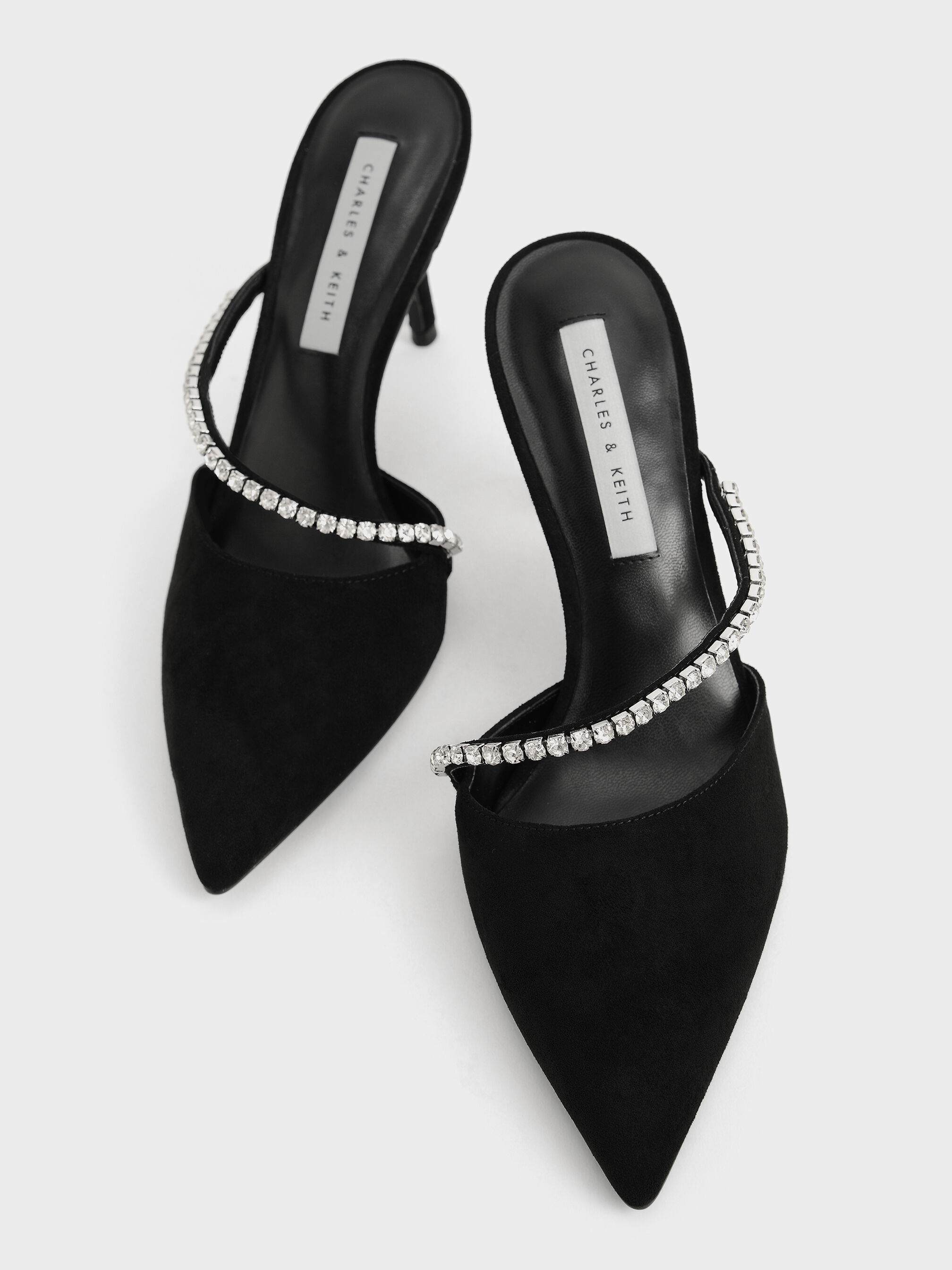 Gem-Encrusted Textured Stiletto Mules - Black