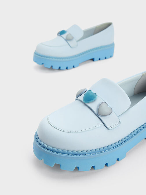 Girls' Heart-Motif Penny Loafers, Light Blue, hi-res