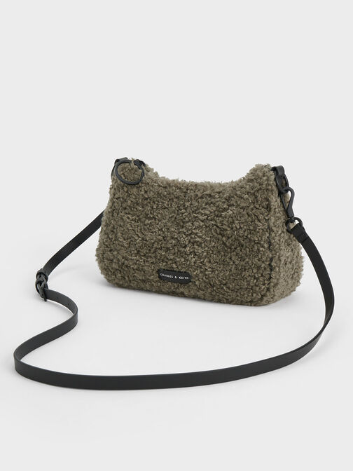 Philomena Furry Chain-Strap Crossbody Bag, Khaki, hi-res