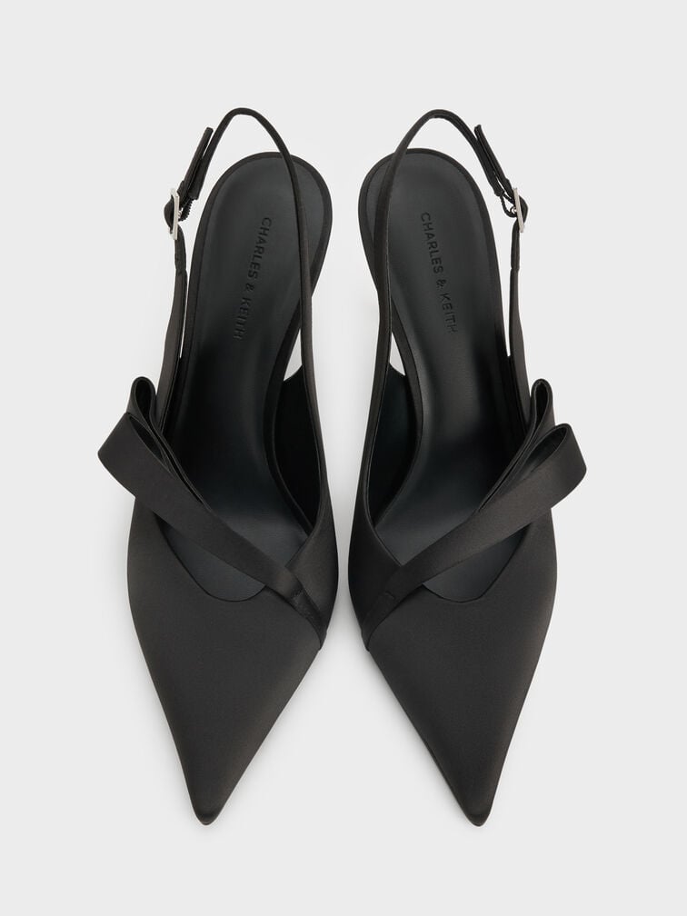 Satin Pleated-Strap Slingback Pumps, Black Textured, hi-res
