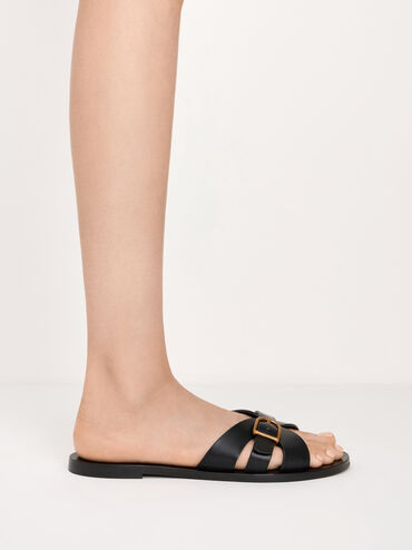 Belted Slide Sandals, Black, hi-res