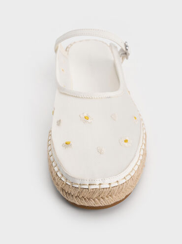 Mesh Embroidered-Flower Slip-On Mary Jane Espadrilles, Blanco, hi-res