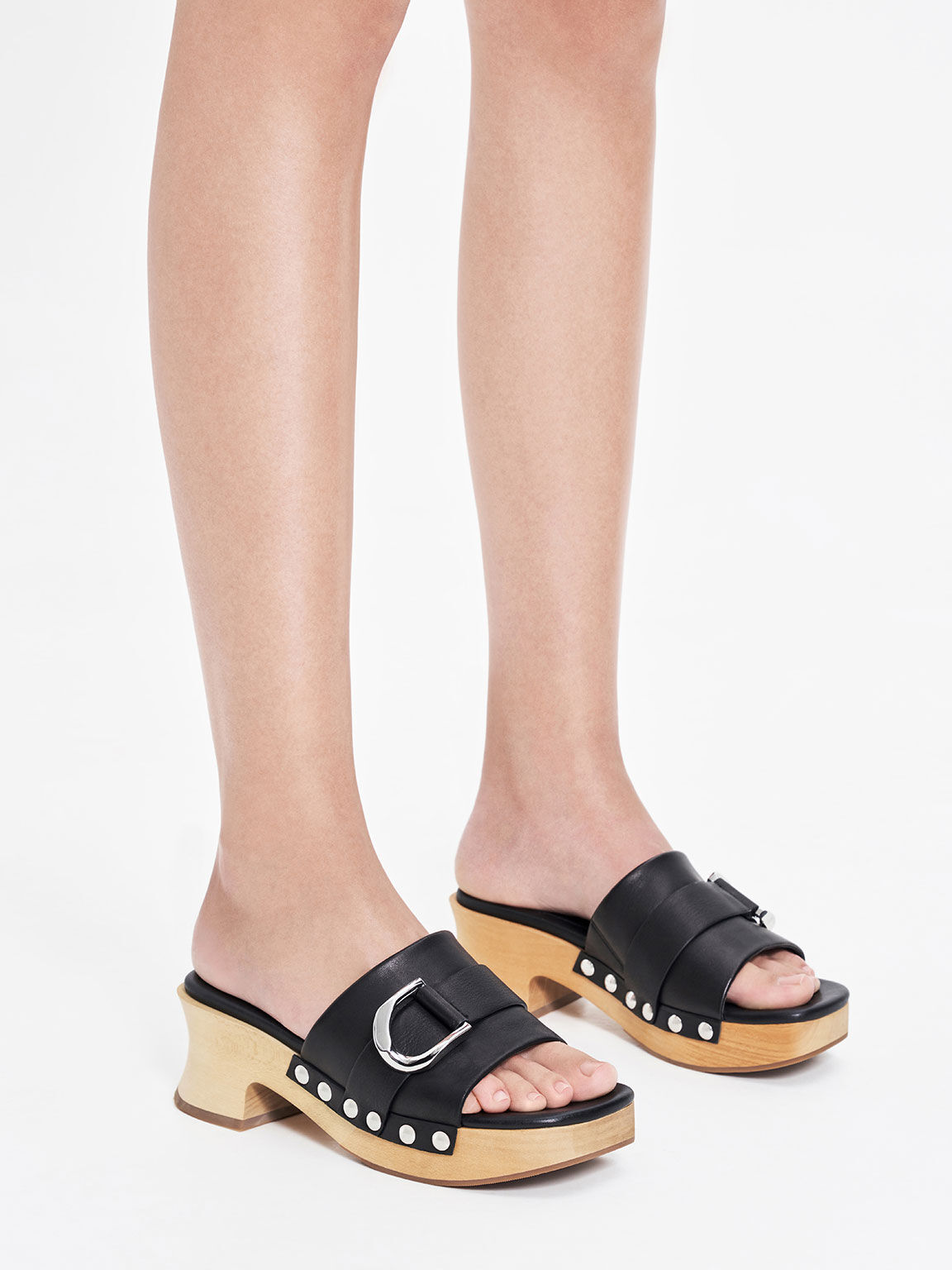 Gabine Studded Leather Clogs, Black, hi-res