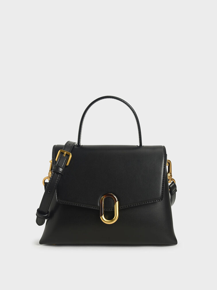 Stone-Embellished Handbag, Black, hi-res
