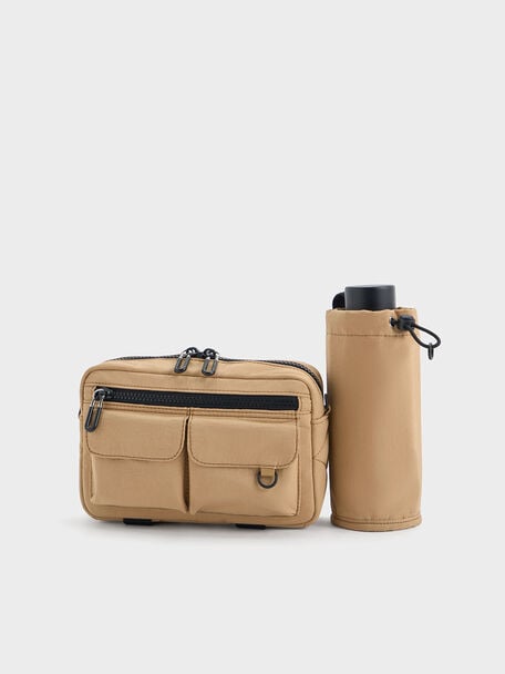 Soleil Nylon Multi-Pocket Crossbody Bag, Camel, hi-res